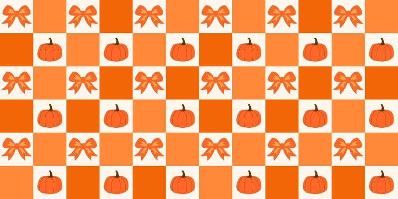 Seamless Halloween pattern features pumpkins and bows in orange colors. Checkered background. Groovy gingham backdrop. Thanksgiving Day. Harvest background. Fall cozy holiday banners.