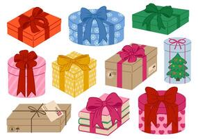 Festive collection of gift present boxes adorned with bows and ribbons. Isolated on white background. New Year, Valentine's Day, Noel, Xmas. Craft paper box in eco style. Set of christmas presents. vector