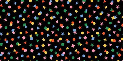 Seamless festive confetti pattern with rainbow geometric shapes like stars, circles, squares, and triangles on a black background. Perfect for New Year, Carnaval, Birthday, and Christmas backdrops. vector