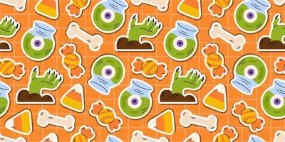 Fun Halloween orange pattern with zombie hands, eyeballs, bones, candy corn on an orange background. Creepy checkered backdrop for spooky designs, party decorations, and festive Halloween projects. vector
