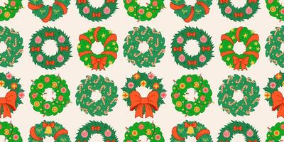 Seamless Christmas wreath pattern on a light background. Festive green wreaths with bows, candy canes, ornaments, and stars. Merry Christmas and Happy Holidays backdrop. Wrapping paper, and textiles. vector