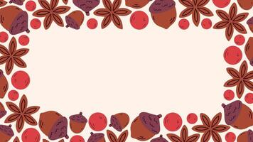 Rectangular border frame with autumn illustrations on a light beige background, including acorns, star anise, and red berries. The central area is blank, perfect for adding text or designs. vector