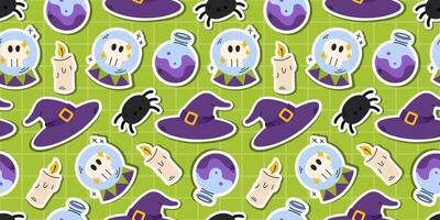 Seamless Halloween pattern features cute kawaii elements like witch hats, skulls, spiders, candles, potions, and crystal balls on a green checkered background. Creepy background. Spooky decorations. vector