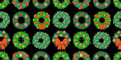Seamless Christmas wreath pattern on a dark background. Festive green wreaths with bows, candy canes, ornaments, and stars. Merry Christmas and Happy Holidays backdrop. Wrapping paper, and textiles. vector
