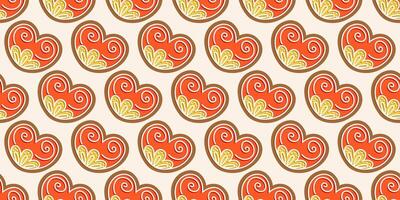 Seamless pattern featuring gingerbread heart cookies with red icing and decorative swirls. Perfect for festive wrapping paper, holiday decor, or seasonal backdrops. New Year, Noel, Xmas. vector
