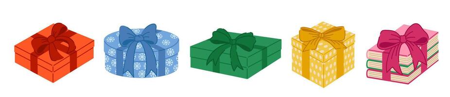 Festive collection of gift present boxes adorned with bows and ribbons, perfect for Christmas, New Year, Valentines Day, Xmas.Stack of books. Set of christmas presents. Isolated on white background. vector
