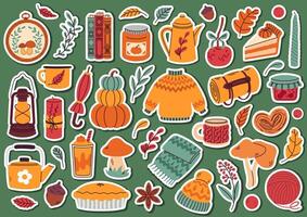 autumn sticker pack on green background. Leaves, acorns, sweater, pumpkins, candles, pie, jam, and teapot. Collection of fall elements for stickers, scrapbooking, and patterns. Hello autumn. vector