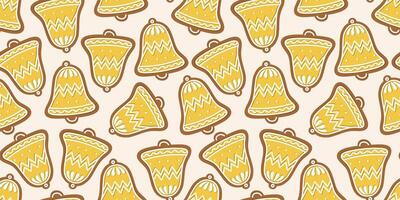 Seamless pattern with yellow gingerbread bell cookies, decorated with white icing on a light background. Perfect for holiday themes, Christmas wrapping, and festive New Year designs. Warm and cozy. vector