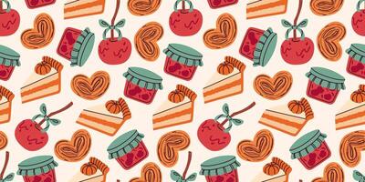 Seamless autumn pattern with cozy elements like pumpkin pie slices, jam jars, heart-shaped pastries, and caramel apples. Warm, hand-drawn design is perfect for seasonal decor, packaging, and textiles. vector