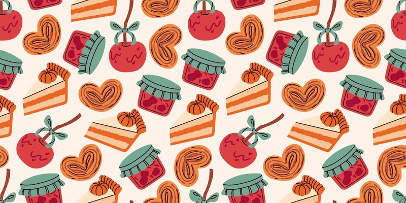 Seamless autumn pattern with cozy elements like pumpkin pie slices, jam jars, heart-shaped pastries, and caramel apples. Warm, hand-drawn design is perfect for seasonal decor, packaging, and textiles.