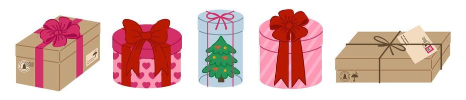 Festive collection of gift present boxes adorned with bows and ribbons, perfect for Christmas, New Year, Valentines Day, Xmas. Craft paper. Set of christmas presents. Isolated on white background. vector