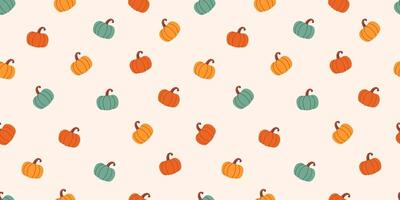 Seamless pattern featuring colorful pumpkins in orange, yellow, and green on a light beige background. Thanksgiving Day. Autumn design for seasonal decor, wrapping paper, and textile projects. vector