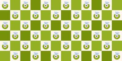Seamless Halloween pattern features spooky toxic potion jars with eyeballs on a green checkered background. Poisonous elixir. Trick or Treat. Groovy gingham scary backdrop. vector