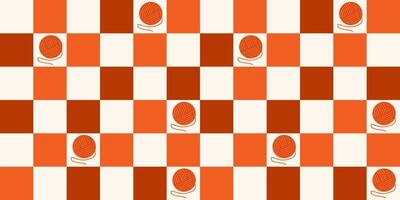 Checkered autumn seamless pattern with a ball of yarn in orange colors. Thanksgiving backdrop. Groovy autumn background. Hello autumn. Fall season. Trendy retro style 90s. Textile design. Halloween. vector