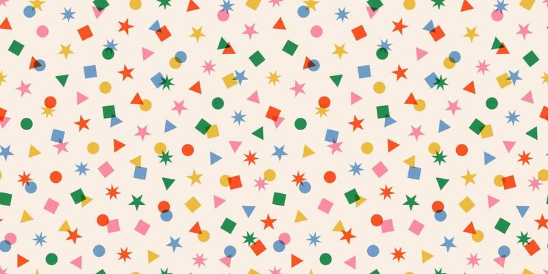 Seamless festive pattern with confetti. Geometry Christmas background. New year abstract light backdrop for celebrations, cards, and wrapping paper. Carnaval Scribble Party texture. Mardi gras.