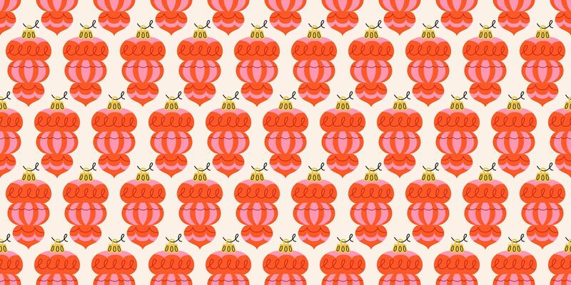 Seamless holiday pattern with baubles in red and pink colors. New year joys, with traditional ornaments. Winter season wallpaper background. Retro print for fabric, wrapping paper, fabric, or cards.