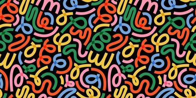 Dynamic seamless pattern with abstract curved lines and, squiggles on a black background. New year confetti dark backdrop. Perfect for festive celebrations, cards, and wrapping paper. Carnaval Party. vector