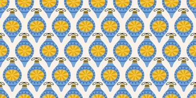 Seamless festive pattern with blue and yellow Christmas ornaments. New year joys, with traditional designs. Winter season background. Noel. Retro print for fabric, wrapping paper, fabric, or cards. vector