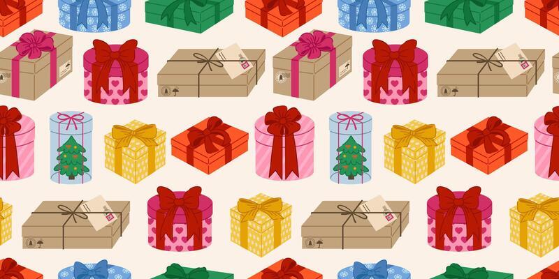 Festive seamless pattern with wrapped gifts. Boxes with bows and ribbons, perfect for Christmas, New Year, birthdays, and celebrations. Cheerful and joyful holiday background. Craft paper.