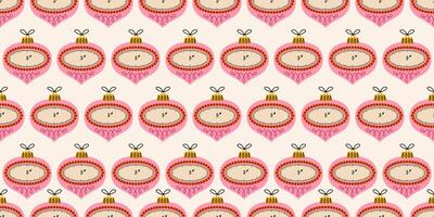Seamless pattern with pink Christmas ornaments featuring clock details, symbolizing the New Year countdown. New Year joys. Winter season background. Noel. Retro print for fabric, wrapping paper vector