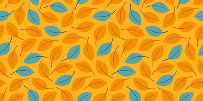Seamless autumn leaf pattern with orange and teal leaves on a warm yellow background. Cozy fall backdrop, perfect for thanksgiving and harvest designs. Background for wrapping paper, textiles and ads. vector