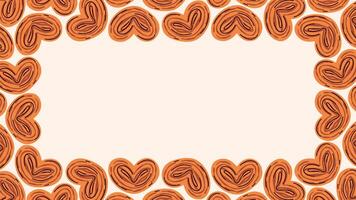 Cozy rectangular border frame with illustrations of heart-shaped pastries in warm, orange tones. Soft beige background, with the center blank, ideal for adding text or designs. Autumn projects. vector