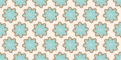 Seamless holiday pattern with blue snowflake gingerbread cookies with white icing on a light background. Perfect for festive wrapping paper, holiday decor, or seasonal backdrops. New Year, Noel, Xmas. vector