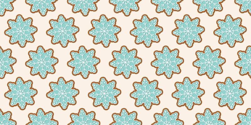 Seamless holiday pattern with blue snowflake gingerbread cookies with white icing on a light background. Perfect for festive wrapping paper, holiday decor, or seasonal backdrops. New Year, Noel, Xmas.
