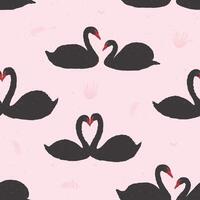 Seamless pattern with black swans floating in pond or lake among water plants. Backdrop with wild birds or waterfowl. Flat colorful cartoon illustration for fabric print, wrapping paper. vector