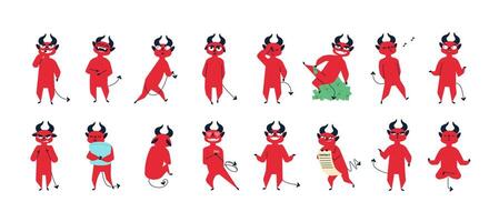 Collection of funny devil in different postures isolated on white background. Set of cute adorable demon expressing various emotions. Colorful illustration in flat cartoon style. vector