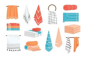 Collection of hand and bath fabric towels rolled, hanging on rail or ring, lying in stack. Bundle of design elements isolated on white background. Colorful illustration in realistic style. vector