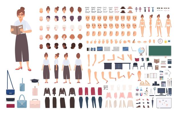 Female school teacher creation kit or DIY set. Bundle of woman's body elements, postures, gestures, clothes isolated on white background. Front, side and back views. Flat cartoon illustration.