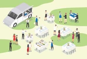 People providing catering at formal event or occasion. Group of food service workers setting tables, working at bar, carrying meals and serving guests. Modern colorful isometric illustration. vector