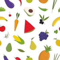 Bright colored seamless pattern with fruits and vegetables on white background. Backdrop with healthy foods, vegetarian products. Flat illustration for wrapping paper, textile print, wallpaper. vector