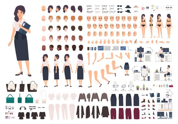 Female secretary or office assistant animation kit. Bundle of woman's body parts, gestures, postures, clothes isolated on white background. Front, side and back views. Cartoon illustration.