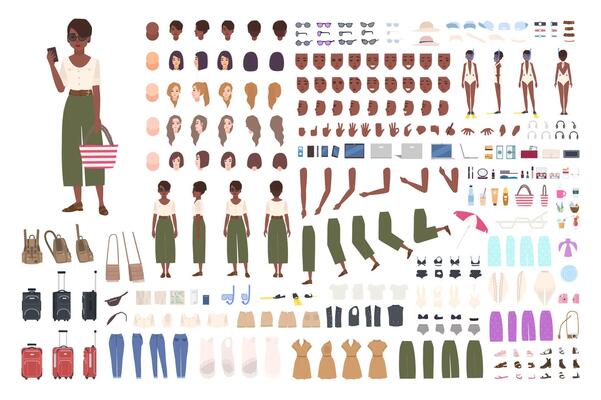 African American traveler woman animation kit. Collection of female tourist body parts, gestures, touristic tools isolated on white background. Front, side and back views. Cartoon illustration.