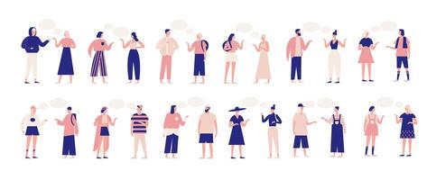 Bundle of people talking or speaking to each other. Collection of chatting men and women with speech bubbles isolated on white background. Colorful illustration in flat cartoon style. vector