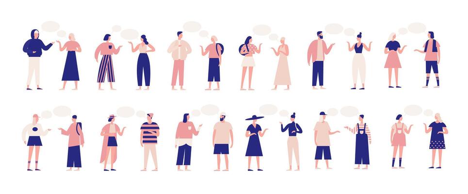 Bundle of people talking or speaking to each other. Collection of chatting men and women with speech bubbles isolated on white background. Colorful illustration in flat cartoon style.