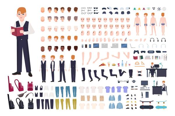 Redhead pupil animation or DIY kit. Collection of school boy body elements, gestures, postures, facial expressions, clothes isolated on white background. Colored illustration in flat style.