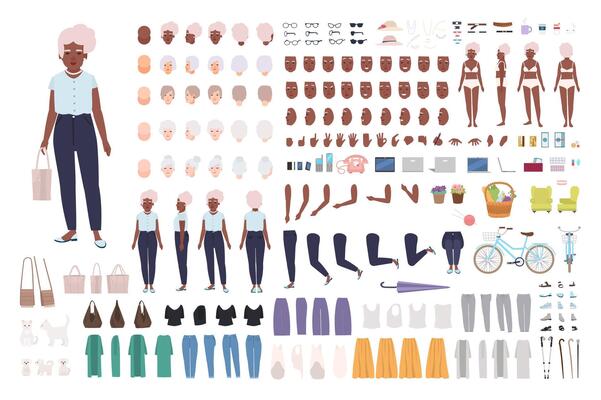 Elegant old lady or granny animation set. Bundle of female body parts in different poses, facial expressions, haircuts, stylish clothes isolated on white background. Flat cartoon illustration.