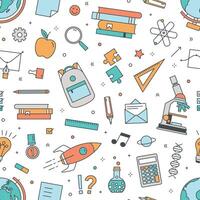 Modern seamless pattern with school supplies on white background. Backdrop with education stationery. Bright colored illustration in line art style for wrapping paper, fabric print, wallpaper. vector
