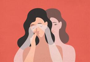 Sad young woman with lowered head and her ghostly twin standing behind and covering her eyes with hands. Concept of self-deception, reality denial, rationalization. Modern flat illustration. vector