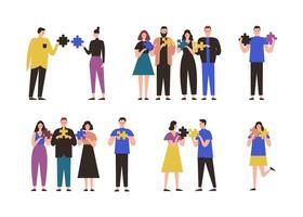 Male and female characters standing alone, in pair or group and holding jigsaw puzzle pieces. Concept of connection between people, riddle or problem solving. Flat cartoon illustration. vector