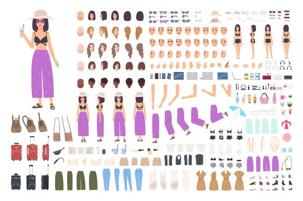 Young girl on vacation creation or DIY kit. Bundle of female tourist or traveler body elements, gestures, clothes isolated on white background. Front, side and back views. Cartoon illustration.