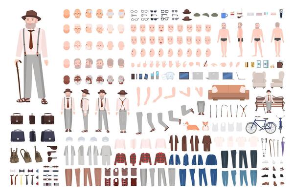Modern elderly man or grandfather DIY kit. Set of male body parts in different positions, gestures, facial expressions, haircuts, clothes isolated on white background. Cartoon illustration.
