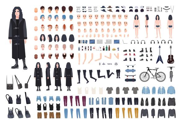 Goth or metal rocker creation set. Collection of teenager's body parts, various subcultures' attributes, clothes and accessories, haircuts isolated on white background. Cartoon illustration.