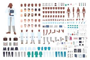 African American male doctor or physician constructor set or DIY kit. Bundle of body parts in different poses, uniform isolated on white background. Front, side and back views. illustration. vector