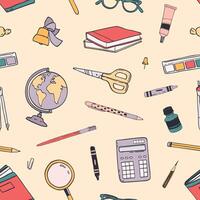 Creative Back To School seamless pattern with education supplies scattered on light background. Colorful hand drawn illustration in realistic style for textile print, backdrop, wrapping paper. vector
