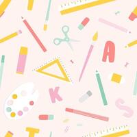 Bright colored seamless pattern with school supplies or stationery, letters scattered on light background. Modern illustration in trendy flat style for fabric print, backdrop, wrapping paper. vector