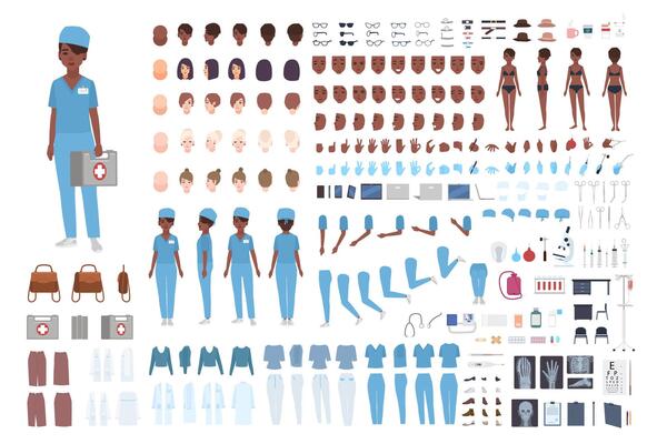 African American female paramedic or nurse constructor. Set of woman's body details, gestures, scrubs isolated on white background. Front, side and back views. Flat cartoon illustration.